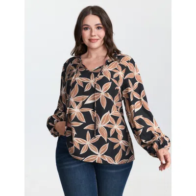 Bloomchic Women's Plus Size Large Floral Print Notched Collar Blouse Blackflower Floral Vacation Long Sleeve V
