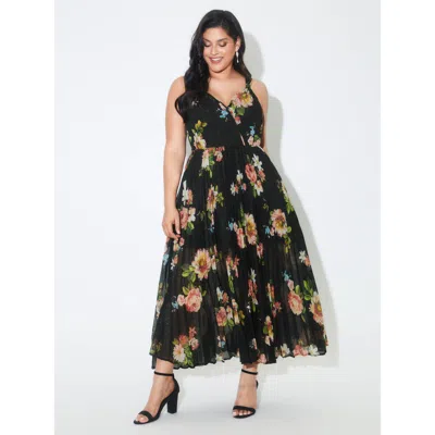 Bloomchic Women's Plus Size Large Floral Print Pleated Flowy Maxi Dress Blackflower Party Maxi Wrap / Overlap 
