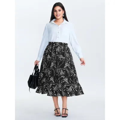 Bloomchic Women's Plus Size Large Floral Print Pocket Maxi Skirt Black Tapered Fit Office 10/m