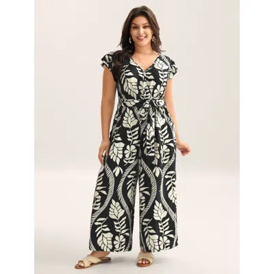 Bloomchic Women's Plus Size Large Floral Print Pockets Jumpsuit Black Vacation 12/l