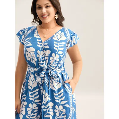 Bloomchic Women's Plus Size Large Floral Print Pockets Jumpsuit Lightblue Vacation 12/l In Blue