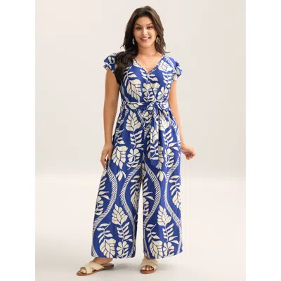 Bloomchic Women's Plus Size Large Floral Print Pockets Jumpsuit Navy Vacation 10/m In Blue