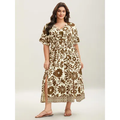 Bloomchic Women's Plus Size Large Floral Print Pockets Midi Dress Bronze Botanical Midi Vacation Non 12/l In Brown
