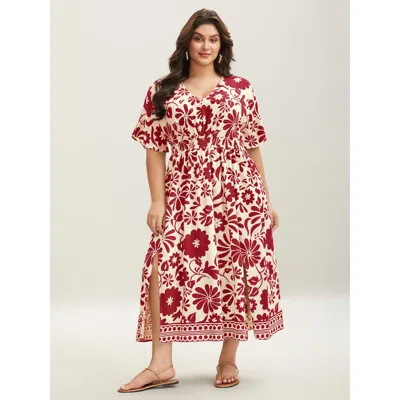 Bloomchic Women's Plus Size Large Floral Print Pockets Midi Dress Burgundy Botanical Midi Vacation Non 12/l