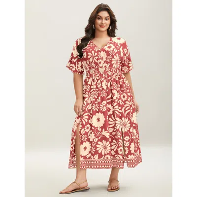 Bloomchic Women's Plus Size Large Floral Print Pockets Midi Dress Dustypink Botanical Midi Vacation Non 22-24/ In Pink