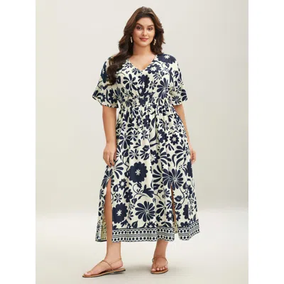 Bloomchic Women's Plus Size Large Floral Print Pockets Midi Dress Indigo Botanical Midi Vacation Non 30/6x In Purple