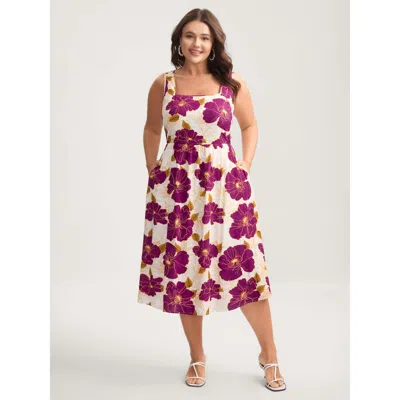Bloomchic Women's Plus Size Large Floral Print Pockets Midi Dress Peach Floral Midi Elegant Smocked 10/m In Orange