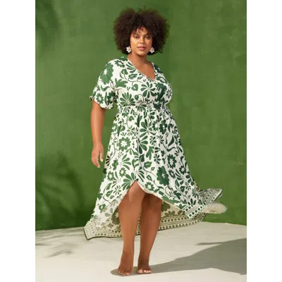 Bloomchic Women's Plus Size Large Floral Print Pockets Midi Dress Truegreen Botanical Midi Vacation Non 12/l