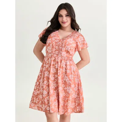 Bloomchic Women's Plus Size Large Floral Print Shirred Neckline Mini Dress Coral Floral Knee Length Casual Smo In Orange