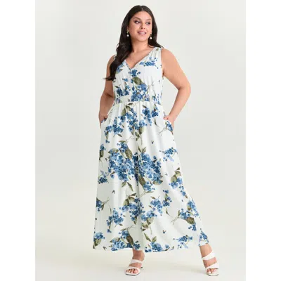Bloomchic Women's Plus Size Large Floral Print Shirred Waist Jumpsuit Beige Elegant Fitted 12/l In Sand