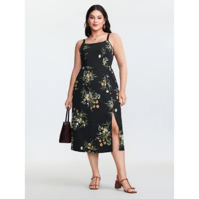 Bloomchic Women's Plus Size Large Floral Print Slit Shirred Midi Dress Blackflower Floral Midi Elegant Gathere