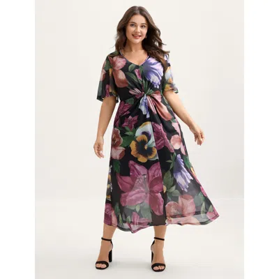 Bloomchic Women's Plus Size Large Floral Print Twist Front Midi Dress Redviolet Floral Midi Elegant Twist-fron