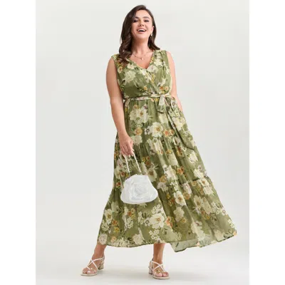 Bloomchic Women's Plus Size Large Floral Print Waist-tie Tiered Maxi Dress Olive Ditsy Floral Maxi Elegant Tie In Green