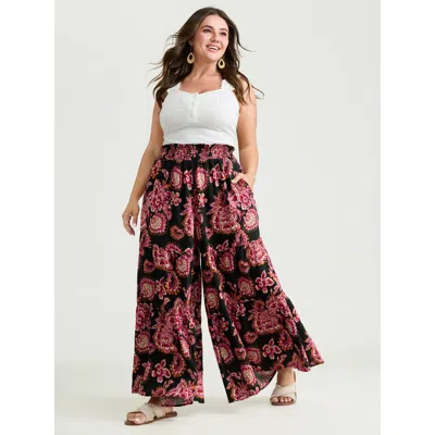Bloomchic Women's Plus Size Large Floral Print Wide Shirred Waistband Pants Black Bohemian Print Flared High R