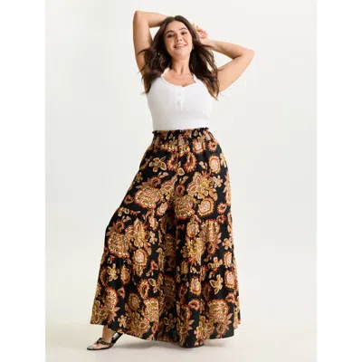 Bloomchic Women's Plus Size Large Floral Print Wide Shirred Waistband Pants Mustardyellow Bohemian Print Flare