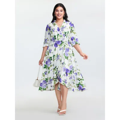 Bloomchic Women's Plus Size Large Floral Print Wrap Pockets Midi Dress Ivory Ditsy Floral Midi Elegant Overlap In White