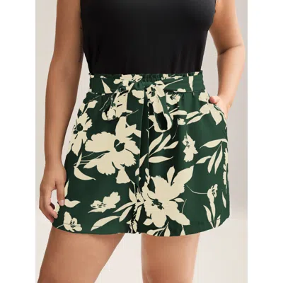 Bloomchic Women's Plus Size Large Flower Print Belted Straight-leg Shorts Darkgreen Casual Wide Leg Smocked Sh In Green