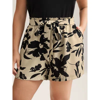 Bloomchic Women's Plus Size Large Flower Print Belted Straight-leg Shorts Lightbrown Casual Wide Leg Smocked S In Brown
