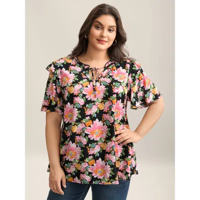 Bloomchic Women's Plus Size Large Flower Print Layered Sleeve Shirt Multicolor Floral Elegant Short Sleeve 22-