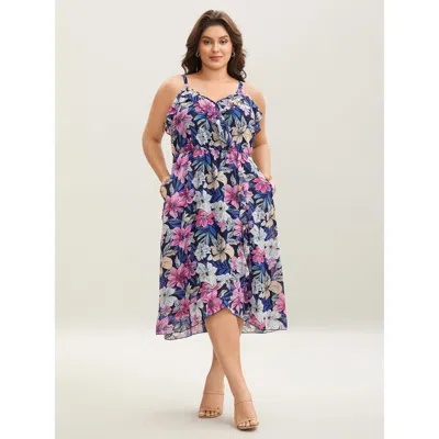 Bloomchic Women's Plus Size Large Flower Print Overlap Hem Midi Dress Navy Floral Midi Elegant 30/6x In Blue