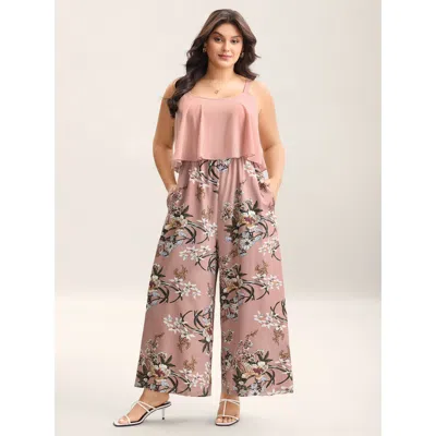 Bloomchic Women's Plus Size Large Flower Print Spliced Wide-leg Jumpsuit Dustypink Elegant Relaxed Fit 10/m In Pink