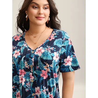 Bloomchic Women's Plus Size Large Flower Print Toothpick Pleat T-shirt Indigo Floral Vacation Short Sleeve V-n In Purple