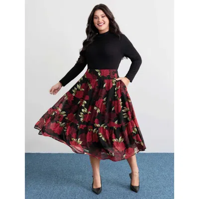 Bloomchic Women's Plus Size Large Flower Print Wide Waistband Midi Skirt Blackflower Ruffles A-line Elegant 28
