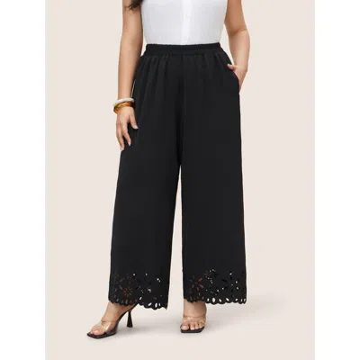 Bloomchic Women's Plus Size Laser Cut Elastic Waist Wide Leg Pants Black Solid Straight Fit High Rise Casual 1