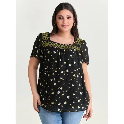 Bloomchic Women's Plus Size Laser Cut Floral Print Square Neckline Blouse Blackflower Ditsy Floral Elegant Sho