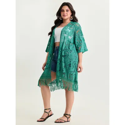 Bloomchic Women's Plus Size Laser Cut Floral Textured Tassel Detail Kimono Cerulean Jacquard A-line 30/6x In Blue
