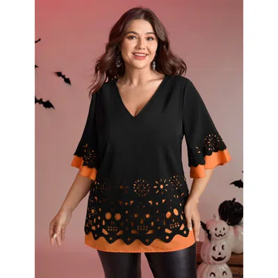 Bloomchic Women's Plus Size Laser Cut Halloween Contrast Lined Blouse Black Non Elegant 3/4 Sleeve 10/m