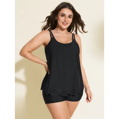 Bloomchic Women's Plus Size Laser Cut Relaxed-fit Swim Top Black Solid Short Sleeve Non 22-24/3x