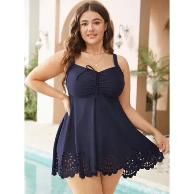 Bloomchic Women's Plus Size Laser Cut Ruched Drawstring A Line Swim Dress Indigo Solid Ruched Adaptive-fit 10/ In Purple