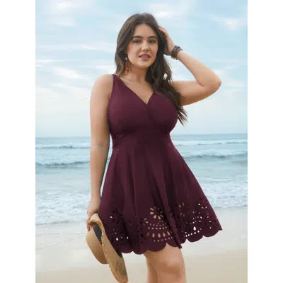 Bloomchic Women's Plus Size Laser Cut Surplice Neck Waist-cinched Swim Dress Plum Solid Cut-out Adaptive-fit 2 In Purple