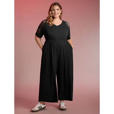 Bloomchic Women's Plus Size Laser Cut-out Stretchy Sheer Jumpsuit Black Casual 10/m