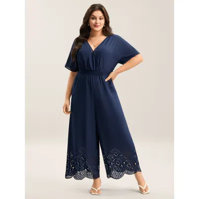 Bloomchic Women's Plus Size Laser-cut Hem Shirred Wide-leg Jumpsuit Navy Elegant 30/6x In Blue