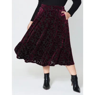 Bloomchic Women's Plus Size Laser-cut Velvet Pleated Maxi Skirt Burgundy Laser Flared Party 10/m