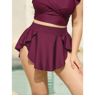 Bloomchic Women's Plus Size Layered Hips Coverage Slit Swim Skirt Burgundy Solid Booty Ruffles Elastic Waist 3