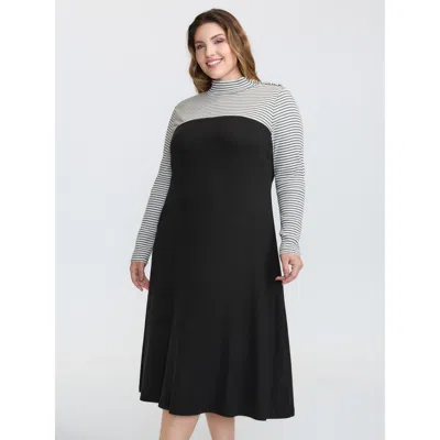 Bloomchic Women's Plus Size Layered Keep It Casual Stripe Midi Dress Black Stripes Midi Casual Texture 10/m