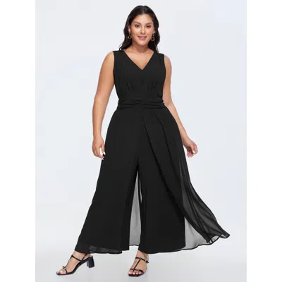 Bloomchic Women's Plus Size Layered Mesh Flowy Jumpsuit Black Elegant Fitted 10/m