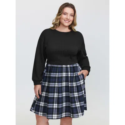 Bloomchic Women's Plus Size Layered Plaid Pockets Mini Dress Blackflower Plaid Mini Casual Patchwork 10/m