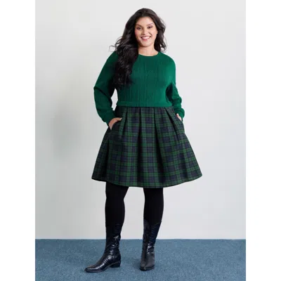 Bloomchic Women's Plus Size Layered Plaid Pockets Mini Dress Darkgreen Plaid Mini Casual Patchwork 10/m In Green