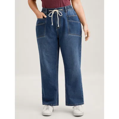 Bloomchic Women's Plus Size Layered Pockets Elastic Waistband Straight-leg Jeans Darkindigo Elastic Waist Wide In Purple