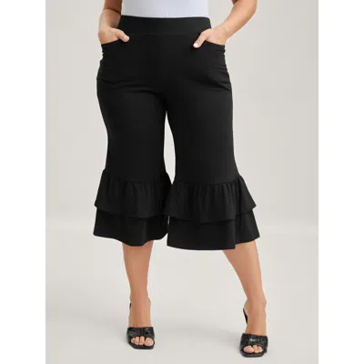 Bloomchic Women's Plus Size Layered Ruffled Flare Hem Capri Pants Black Solid Flared Mid Rise Casual 10/m