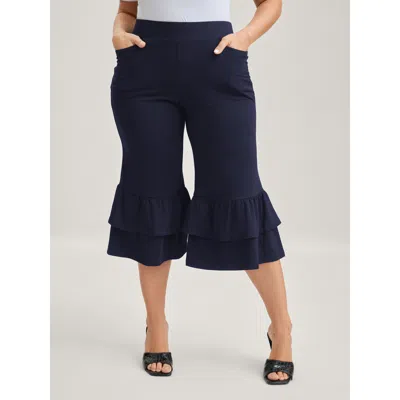 Bloomchic Women's Plus Size Layered Ruffled Flare Hem Capri Pants Indigo Solid Flared Mid Rise Casual 14-16/1x In Purple