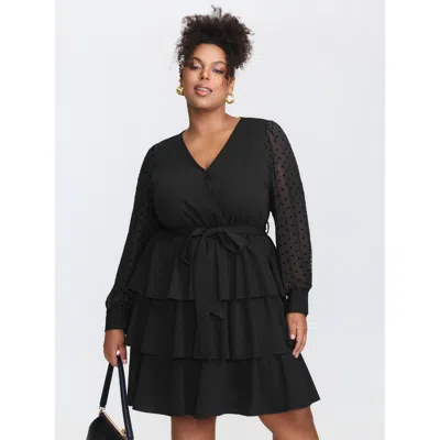 Bloomchic Women's Plus Size Layered Wrap Neckline Belted Midi Dress Black Solid Mini Elegant Ruffles 10/m