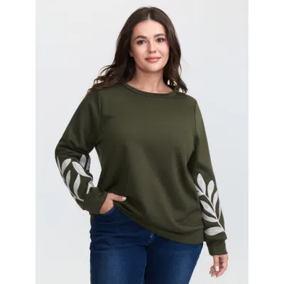 Bloomchic Women's Plus Size Leaf Embroidered Sleeve Round Neck Sweatshirt Armygreen Else Casual Round Neck 10/