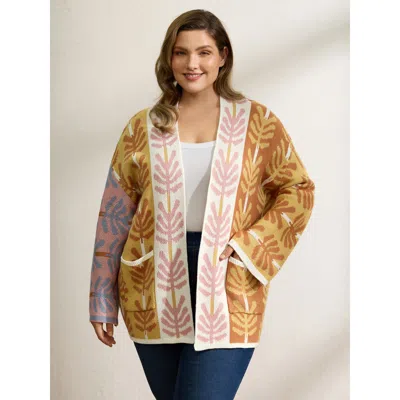 Bloomchic Women's Plus Size Leaf Jacquard Print Contrast Knit Cardigan Mustardyellow Long Sleeve 28/5x