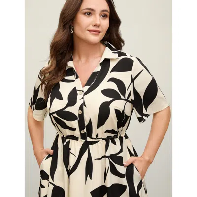 Bloomchic Women's Plus Size Leaf Print Buttons Waist-defining Midi Dress Beige Leaf Midi Office Button Front 2 In Sand