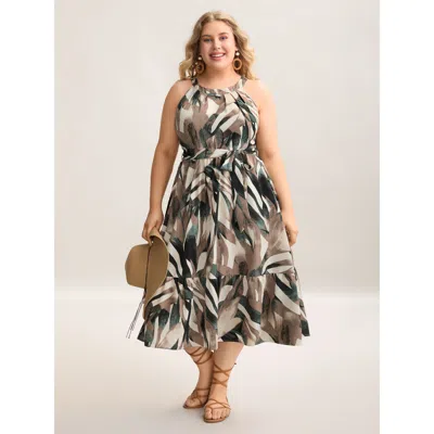 Bloomchic Women's Plus Size Leaf Print Halter Neck Tiered Midi Dress Darkgreen Geometric Midi Vacation Belted  In Green